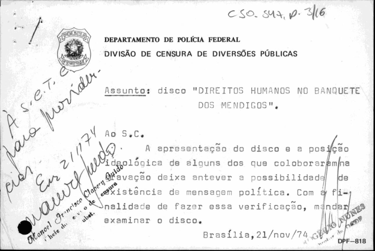 Documento que pede censura ao disco Direitos Humanos no Banquete dos Mendigos, em 1974